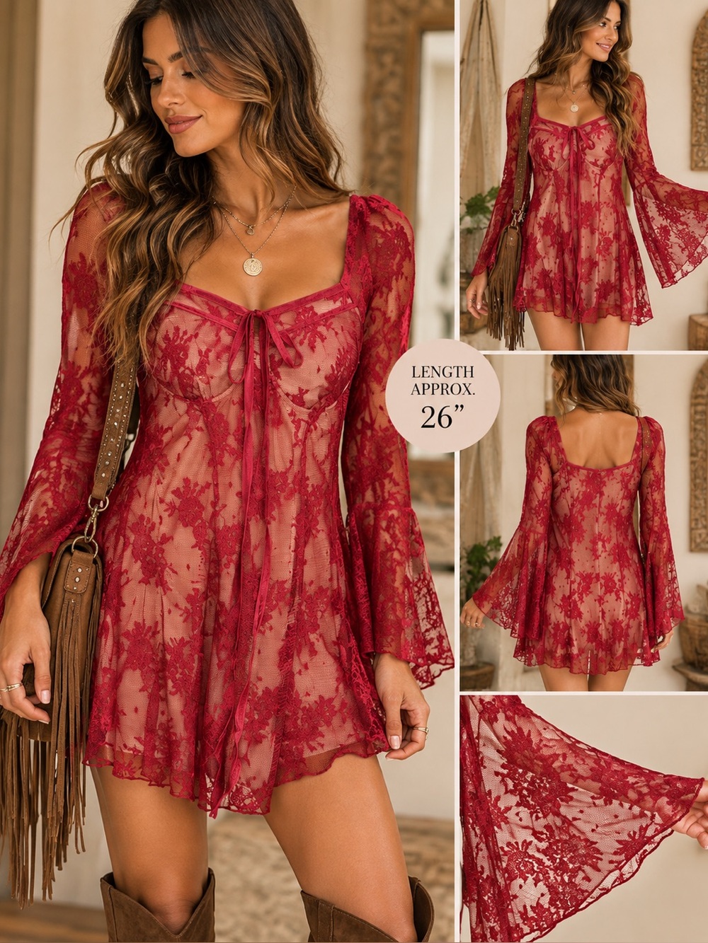 Floral Lace Mini Dress in Red Size Medium Like New